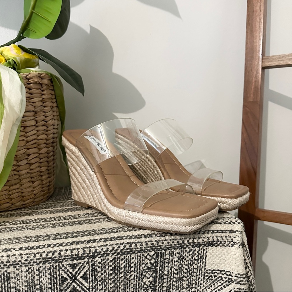Steve Madden 8 Mackie Clear Strap Espadrille Wedge Square Toe Sandals